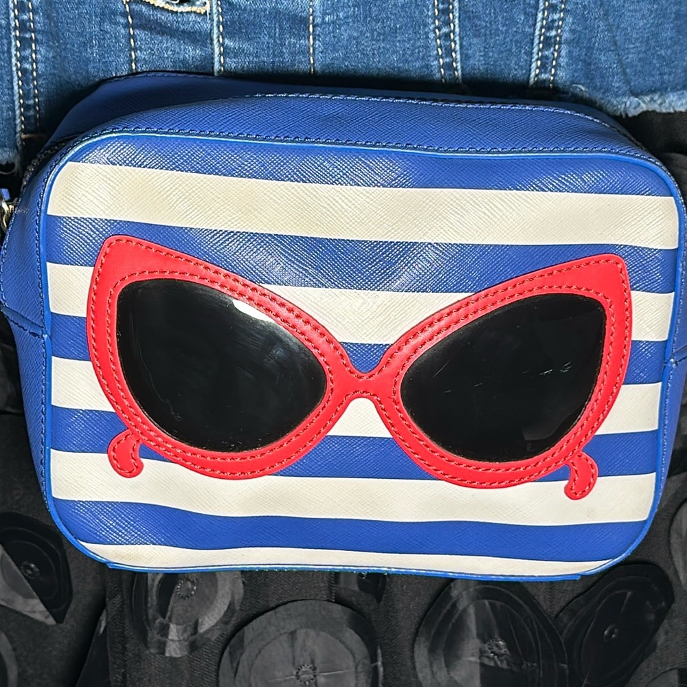 kate spade Blue & White Striped Crossbody with Red Sunglasses Applique
